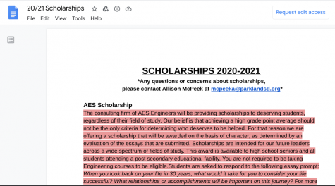 The photo shows the Guidance offices scholarship list which can be found on the Parkland Class of 2021 Schoology page