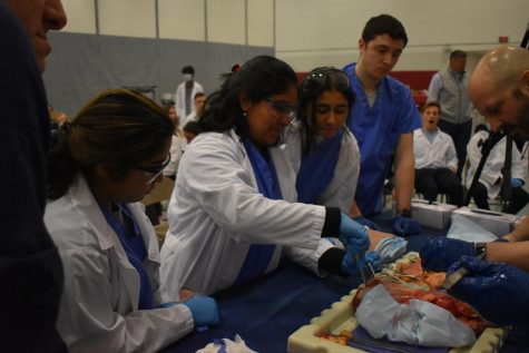 Photo credits to ParKey, from left to right, seniors Aditi Maheshwari, Dhivya Shepherd, and Sana Nauman are assisting in the knee cadaver dissection. 
