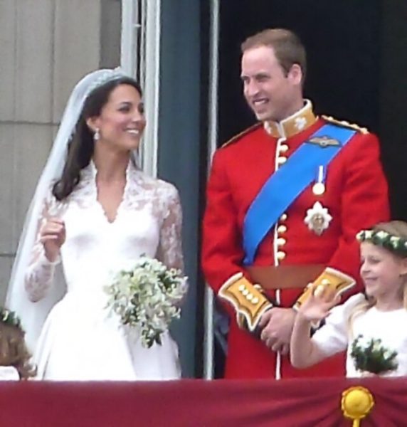 Princess Catherine and Prince William of Wales greeting the crowds on their highly viewed wedding day;