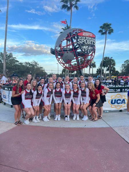 The Parkland cheer team posing in front of the Globe at the ESPN Wide World of Sports.  