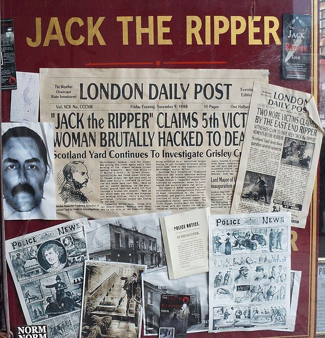 Newspaper articles and suspect photos of Jack the Ripper. 