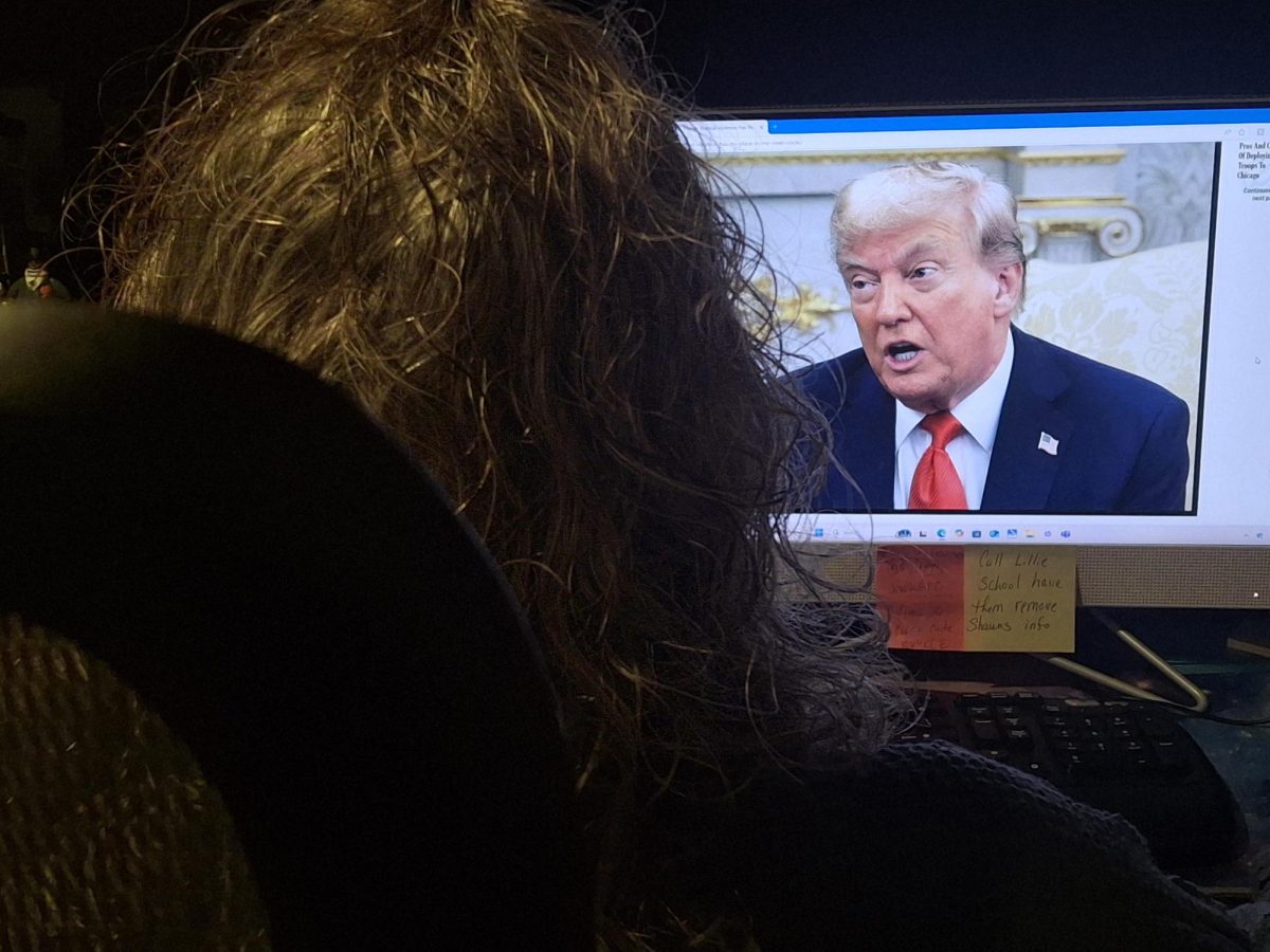 A woman photographed from behind observes an article about president Donald Trump posted to satirical new site, 'The Onion' on a computer