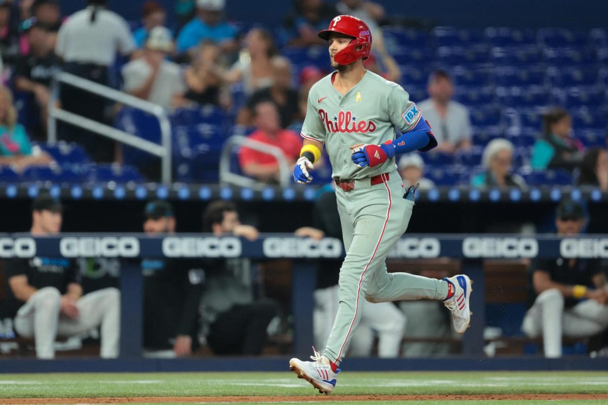 Phillies shortstop Trea Turner circles the bases after hitting a home run against the Miami Marlins two days after the incident. 