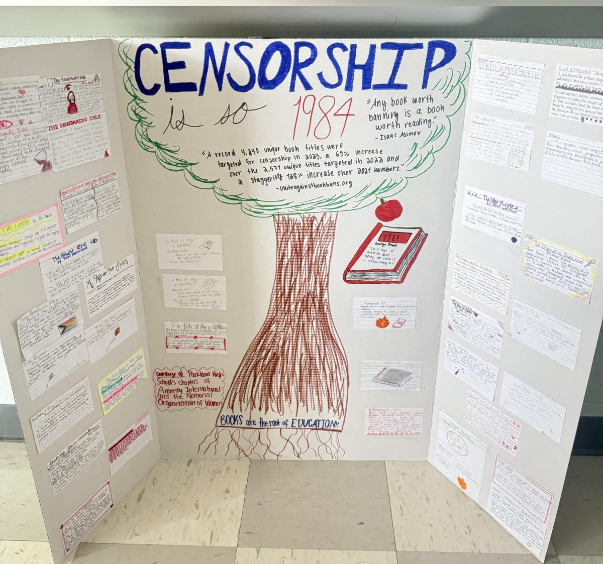 Amnesty International and NOW Club officers worked together to create this Banned Books Week poster for the Parkland Community Library.