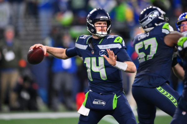 Seahawks quarterback Sam Darnold passes against the Rams during the 2026 NFC Championship Game.